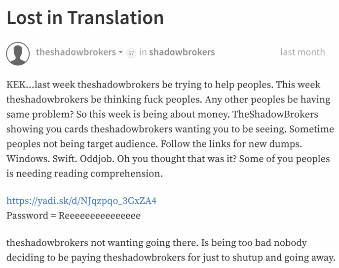 Shadow Brokers post on Steemit